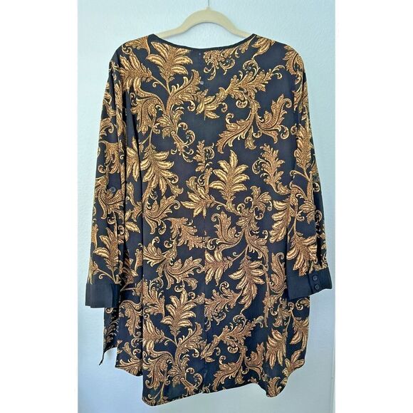 Catherines 2XWP (22/24WP) Black & Gold Print Blouse Hi-Lo w/ Convertible Sleeves - Picture 2 of 10